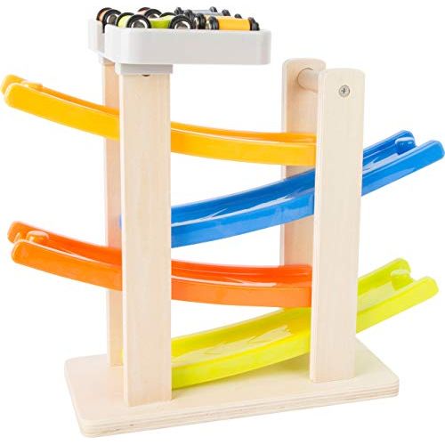 Rennbahn mit Parkdeck aus Holz – personalisierbar, inkl. 4 Autos | small foot 10602