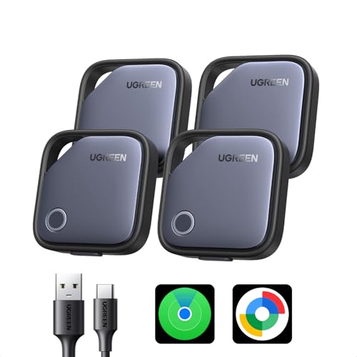 UGREEN FineTrack Duo 4 Pack für iOS & Android, USB C aufladbarer GPS Tracker kompatibel mit Apple Find My oder Google Find Hub, 12 Monaten Laufzeit, Schlüsselfinder für Backpack, Koffer, Pass usw.