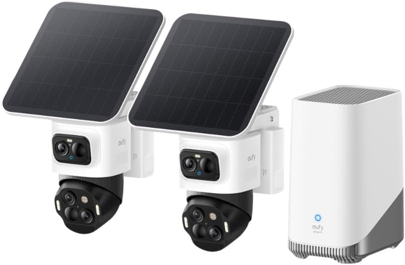 eufyCam S4 2‑Kamera‑Set, kabellose Solar‑Überwachungskamera außen, 3‑Linsen Bullet‑PTZ‑Kamera, 4K UHD, 360° Multi‑Kamera‑Tracking, Auto‑Tracking, 8× Hybridzoom, Farbnachtsicht, 16TB lokaler Speicher