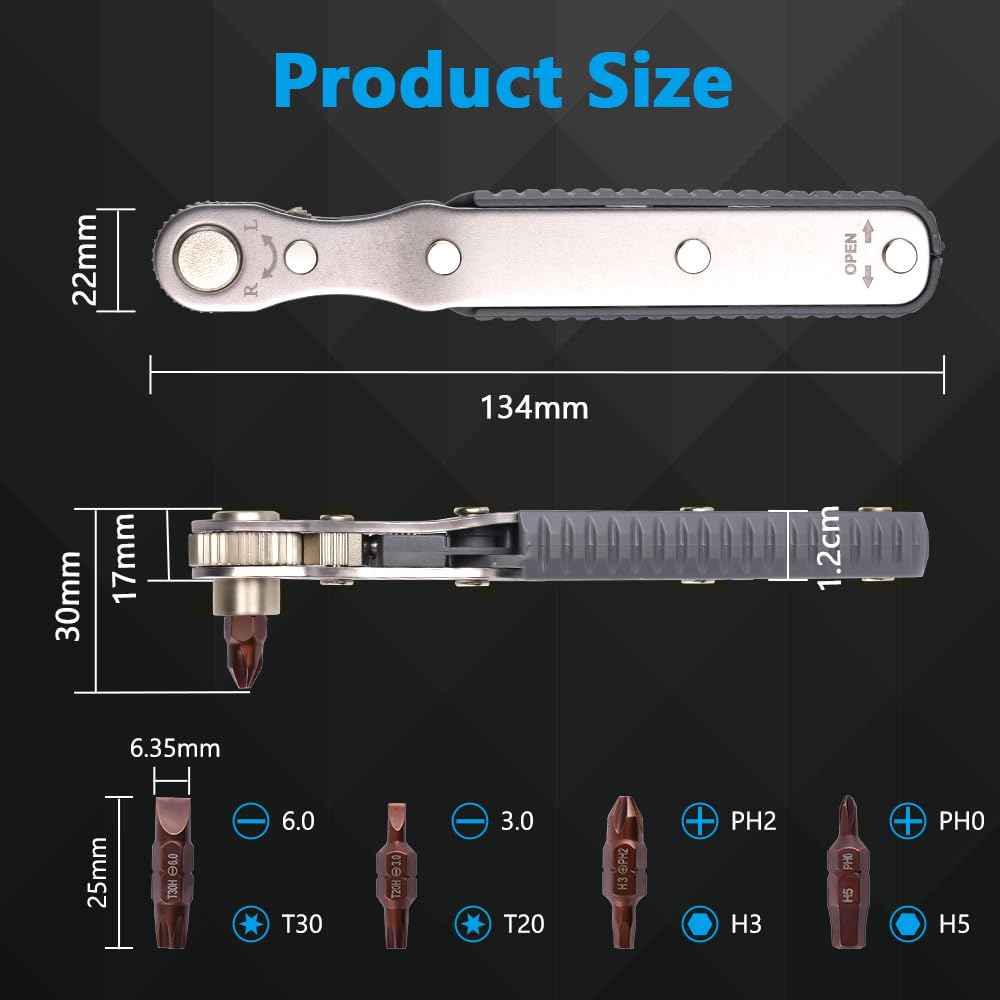Mini Ratschenschlüssel Magnetisch 134mm mit Schraubendreher Bits