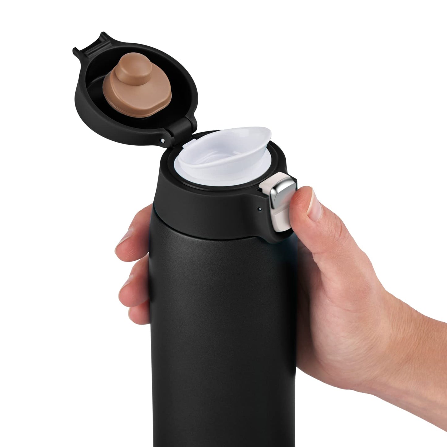 Emsa N21517 Travel Mug Light Isolierbecher, Fassungsvermögen: 0,4 L, extra-schlankes Format, Leichtgewicht, Edelstahl, Klappverschlusssystem, 100% dicht, 8h heiß/16h kalt, Schwarz