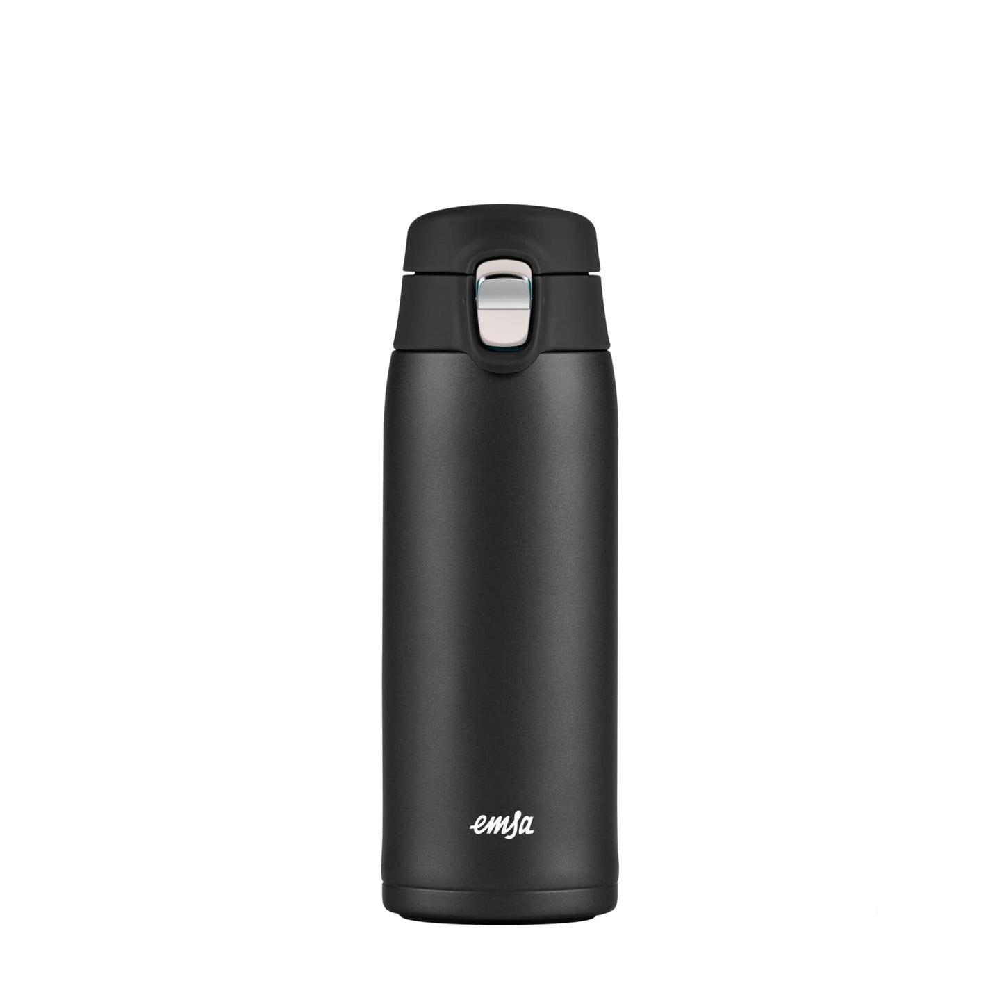 Emsa N21517 Travel Mug Light Isolierbecher, Fassungsvermögen: 0,4 L, extra-schlankes Format, Leichtgewicht, Edelstahl, Klappverschlusssystem, 100% dicht, 8h heiß/16h kalt, Schwarz