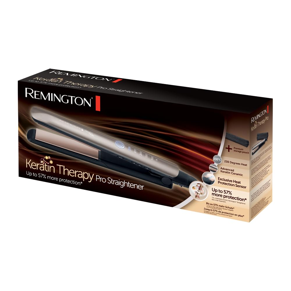Remington Glätteisen Profi [Hitzeschutzsensor um Haarschäden zu verringern] Keratin Protect (hochwertige Keratin-Keramikbeschichtung mit Mandelöl) Digitales Display, 160-230°C, Haarglätter S8593