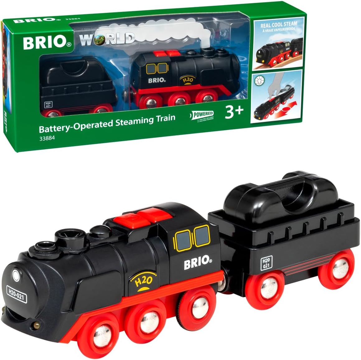BRIO World 33884 Batterie-Dampflok mit Wassertank - Lokomotive mit echtem kühlen Dampf und Wasserbehälter zum Nachfüllen - Empfohlen ab 3 Jahren