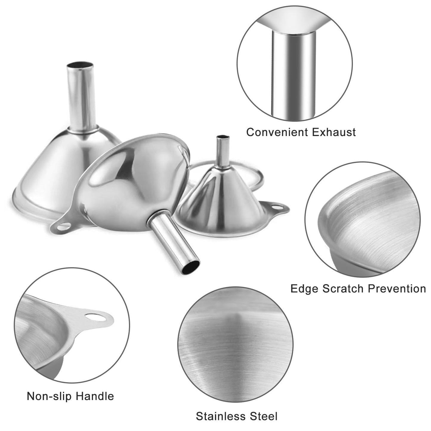Edelstahl Küchentrichter Set 3 Stück stapelbar mit Griff und Bürste