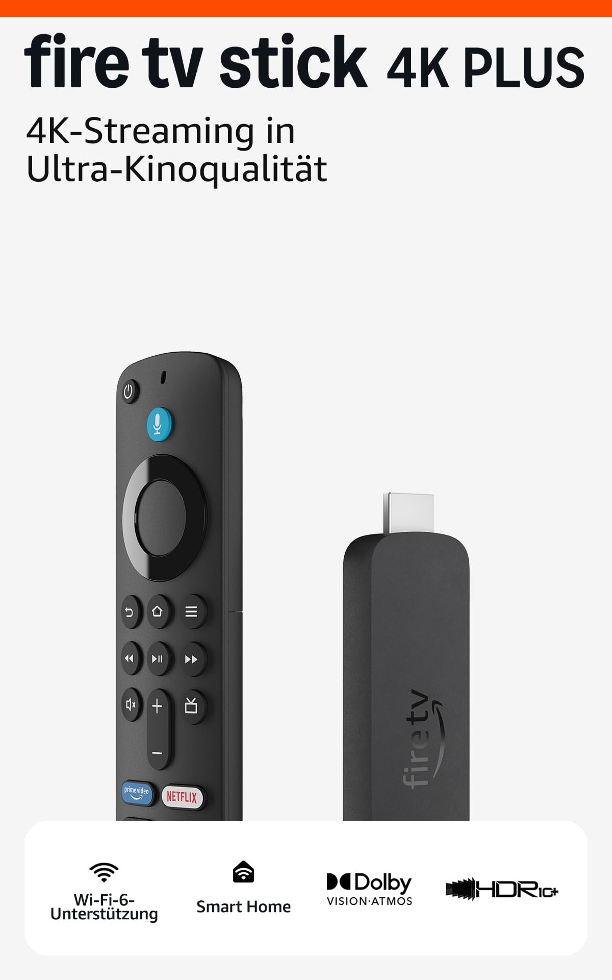 Amazon Fire TV Stick 4K Plus, mit Unterstützung für Wi-Fi 6 sowie Streaming in Dolby Vision/Atmos und HDR10+, finde Serien schneller mit Alexa+