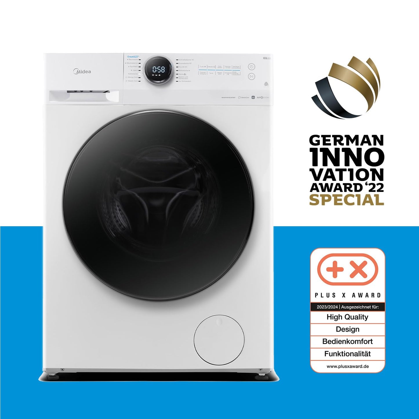 Midea MF200W90WB-14A Waschmaschine / 9KG / A/Leiser & effizienter Inverter Motor/HealthGuard-System/Steam Care/Nachlegefunktion/APP-Steuerung/AquaStop, Weiß