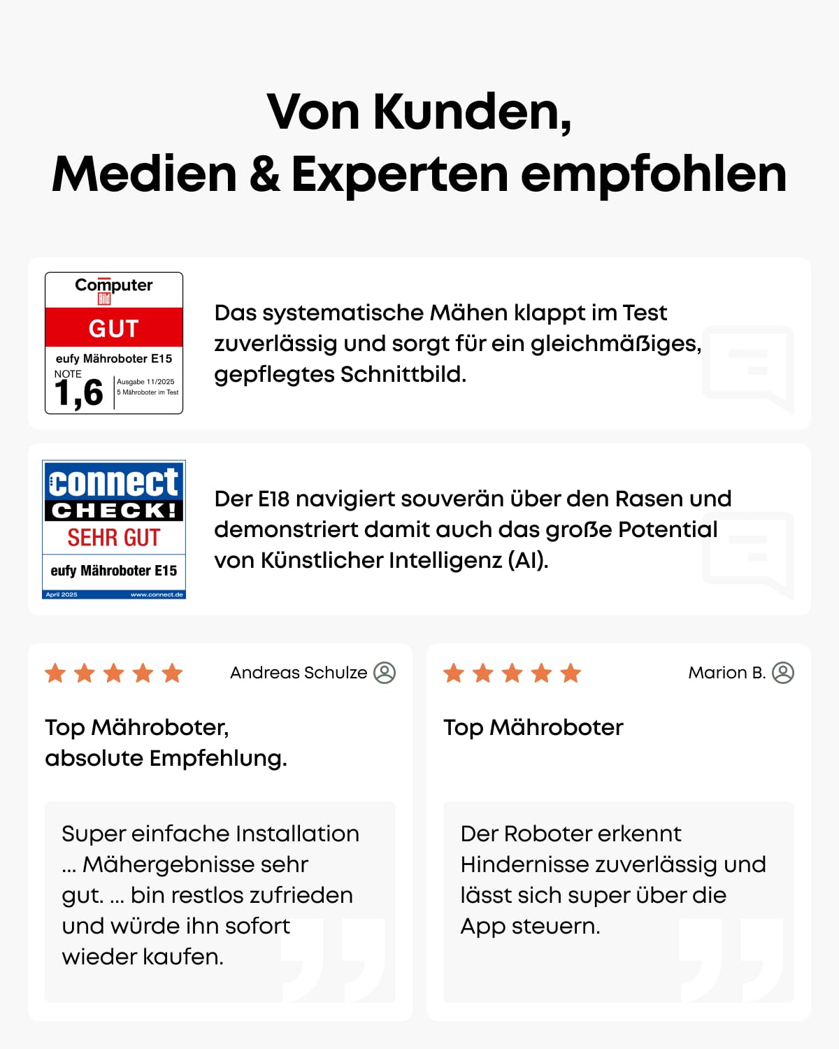 eufy E15 Mähroboter ohne Begrenzungskabel, Garten bis 800m², Keine Signalausfälle, Kein RTK, TrueVision Technologie, Smart-Navigation, Präzisionsrandschnitt, Hindernisvermeidung, App-Steuerung