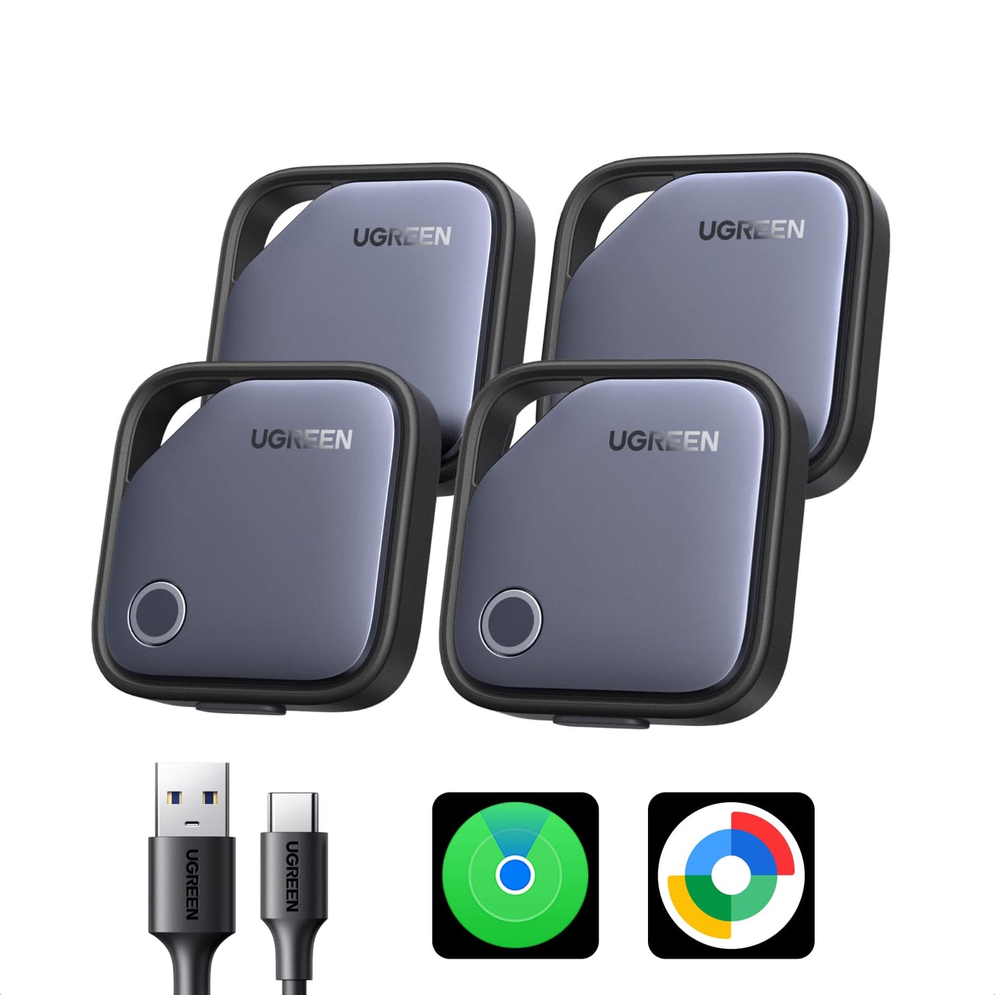 UGREEN FineTrack Duo 4 Pack für iOS & Android, USB C aufladbarer GPS Tracker kompatibel mit Apple Find My oder Google Find Hub, 12 Monaten Laufzeit, Schlüsselfinder für Backpack, Koffer, Pass usw.