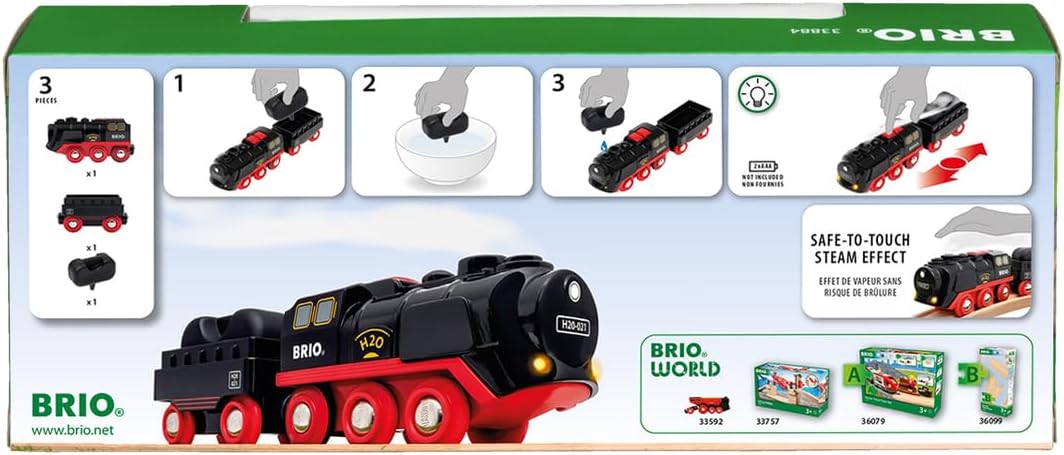 BRIO World 33884 Batterie-Dampflok mit Wassertank - Lokomotive mit echtem kühlen Dampf und Wasserbehälter zum Nachfüllen - Empfohlen ab 3 Jahren