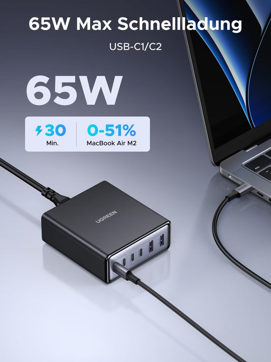 UGREEN 100W USB C Ladegerät 6-Port Ladestation 65W GaN Netzteil PPS Schnellladegerät Mehrfach kompatibel mit MacBook Pro/Air, iPhone 17-8 Serien, Galaxy S25, S24, A15, Pixel 9, iPads