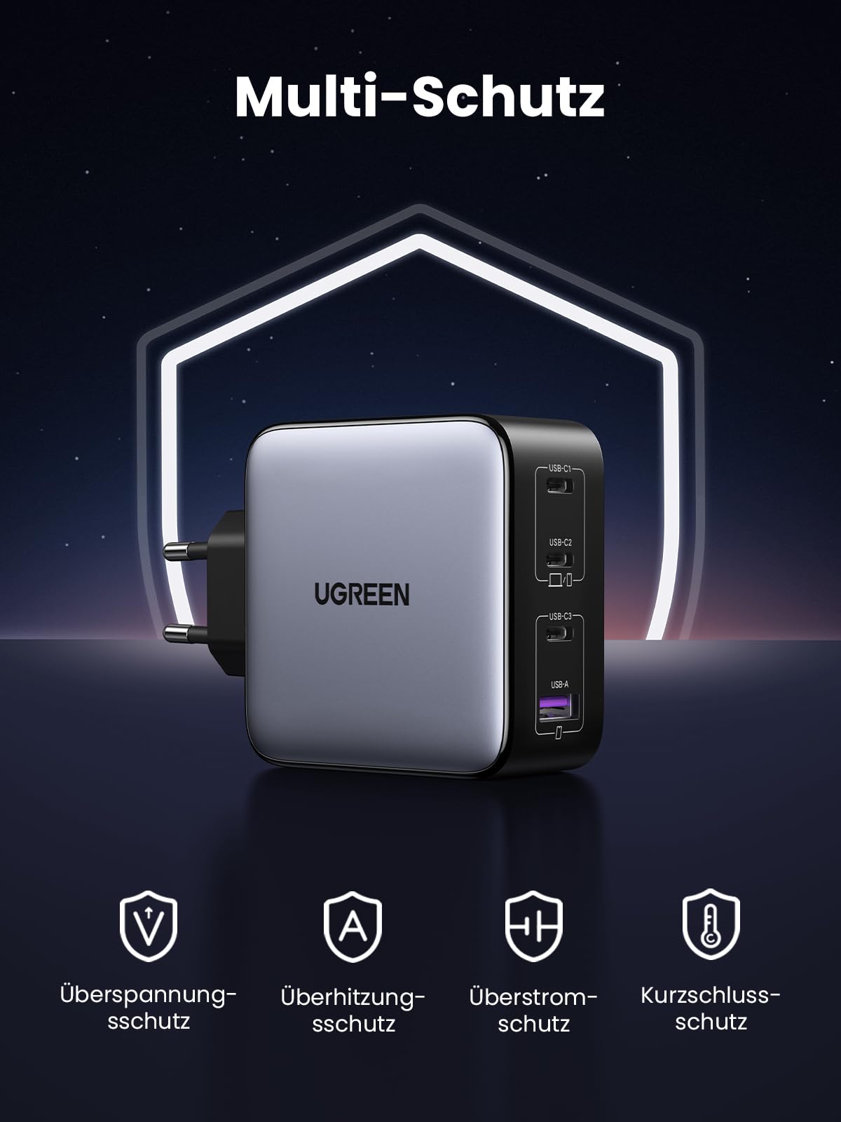 UGREEN Nexode 100W USB C Ladegerät 4 Ports Netzteil GaN Charger PD Schnellladegerät kompatibel mit MacBook Pro, iPhone 17-8 Serien, iPad Serien, Galaxy S25 Ultra, S24+ usw
