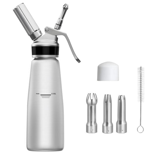Aluminium Sahnespender, Auslaufsicher, mit Sahnekapseln & Reinigungsbürste, 500 ml