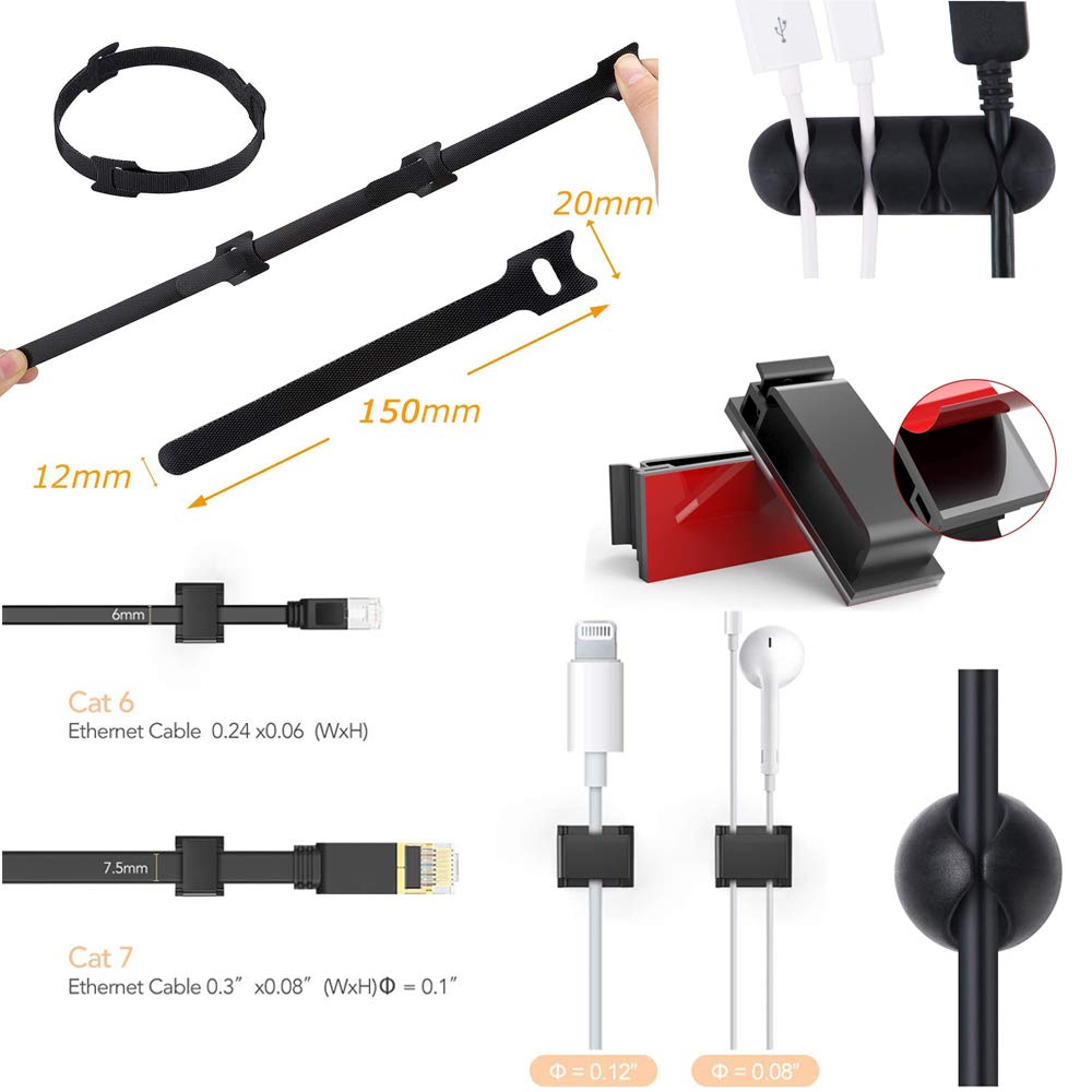 Kabelmanagement Set 100 Teile mit Klettband Klemmclips und Halter Schwarz-MiuCo