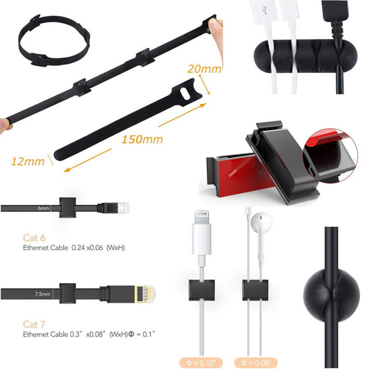 Kabelmanagement Set 100 Teile mit Klettband Klemmclips und Halter Schwarz-MiuCo