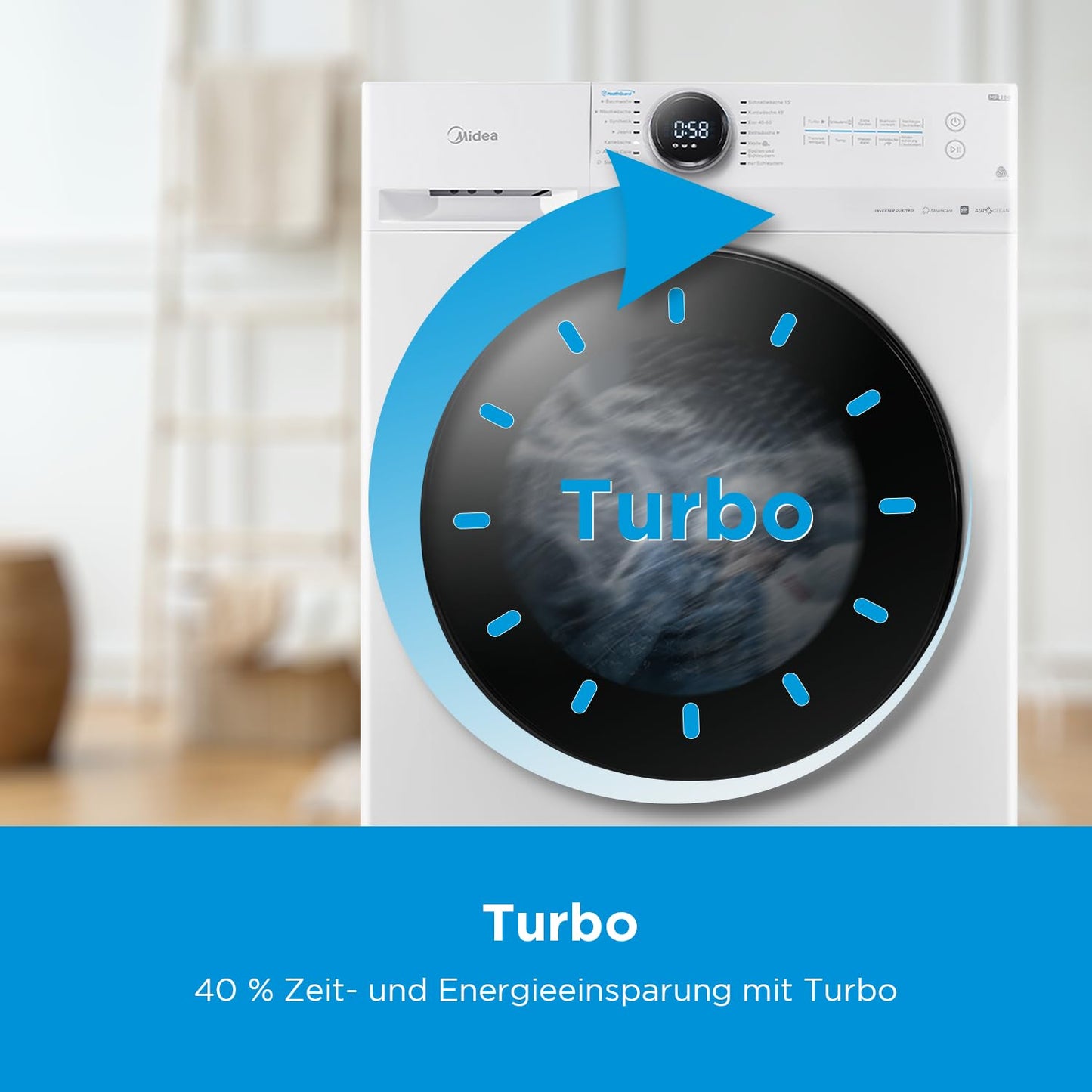 Midea MF200W90WB-14A Waschmaschine / 9KG / A/Leiser & effizienter Inverter Motor/HealthGuard-System/Steam Care/Nachlegefunktion/APP-Steuerung/AquaStop, Weiß