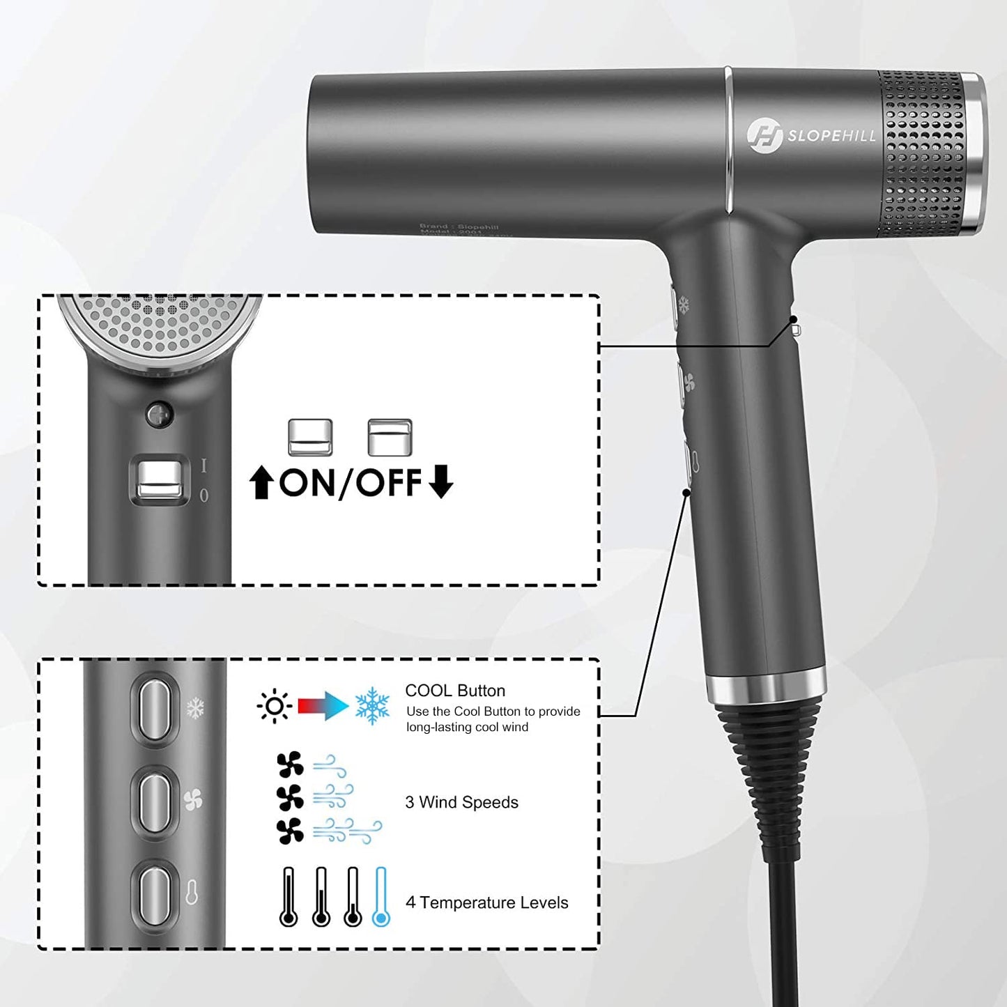 slopehill Haartrockner mit einzigartigem bürstenlosem Motor | Intelligente Fehlerdiagnose | Innovativer Mikrofilter | Oxy Active Technology | LED-Anzeige | 268g Superleicht, 2000W (Grau)
