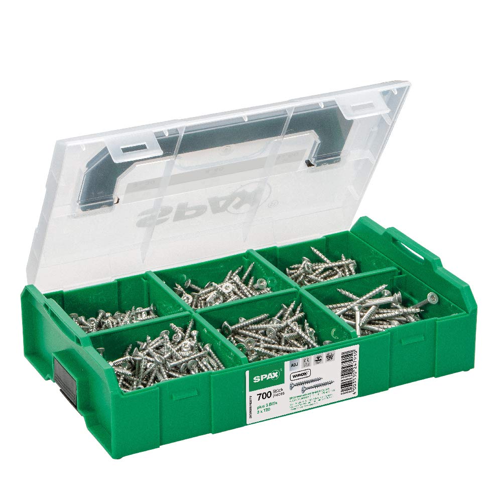 SPAX Montagekoffer, L-Boxx Mini, Wirox A9J, Senkkopf T-Star Plus mit 700 Schrauben in verschiedenen Abmessungen, inkl. 3 Bits T20