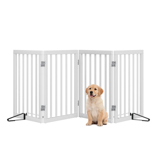 Freistehende Hundegitter für Türen, Faltbares Hundegitter Innen, Haustiergitter für Türen Schlafzimmer, Welpengitter mit Metallstützfüßen, Raumteiler 4 Paneele (Weiß)