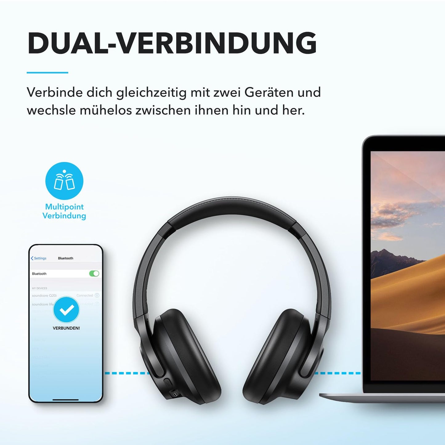 soundcore by Anker Q20i kabelloser Bluetooth Over-Ear-Kopfhörer mit Hybrid Active Noise Cancelling, 40h Spielzeit im ANC-Modus, Hi-Res Audio, tiefer Bass, Personalisierung per App