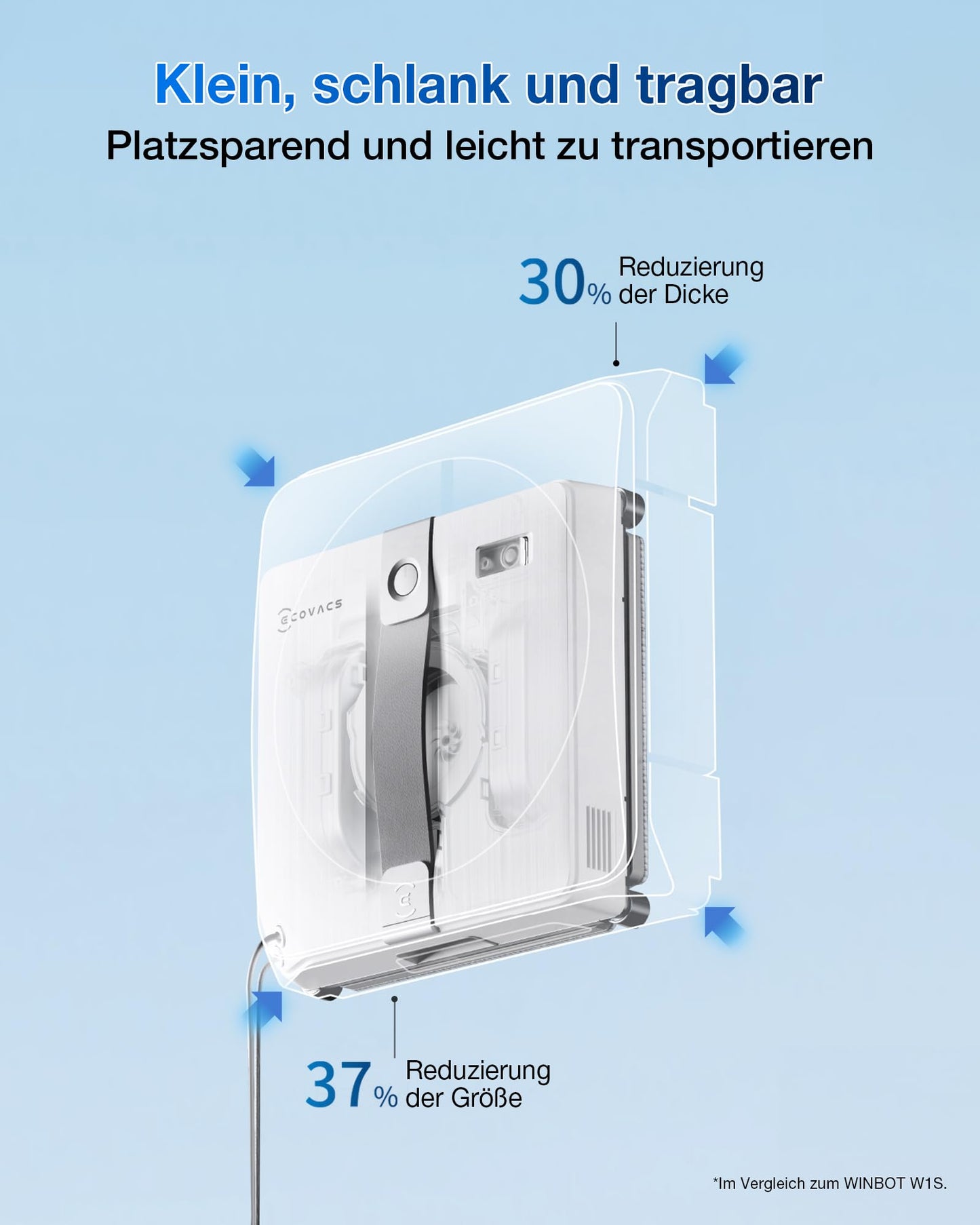 ECOVACS WINBOT Mini Fensterputzroboter, kompaktes Design, Doppel-Düsen mit Ultraschall-Zerstäubung, 9-Stufen-Schutzsystem, intelligente Pfadplanung, 4 Reinigungsmodi, Anti-Rutsch-System, Grau