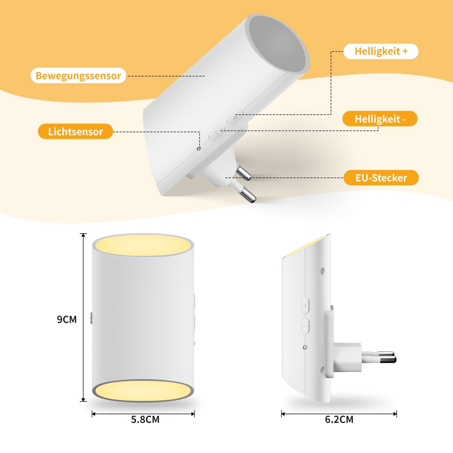 Nachtlicht Steckdose mit Bewegungsmelder und Dammerungssensor 2 Stuck