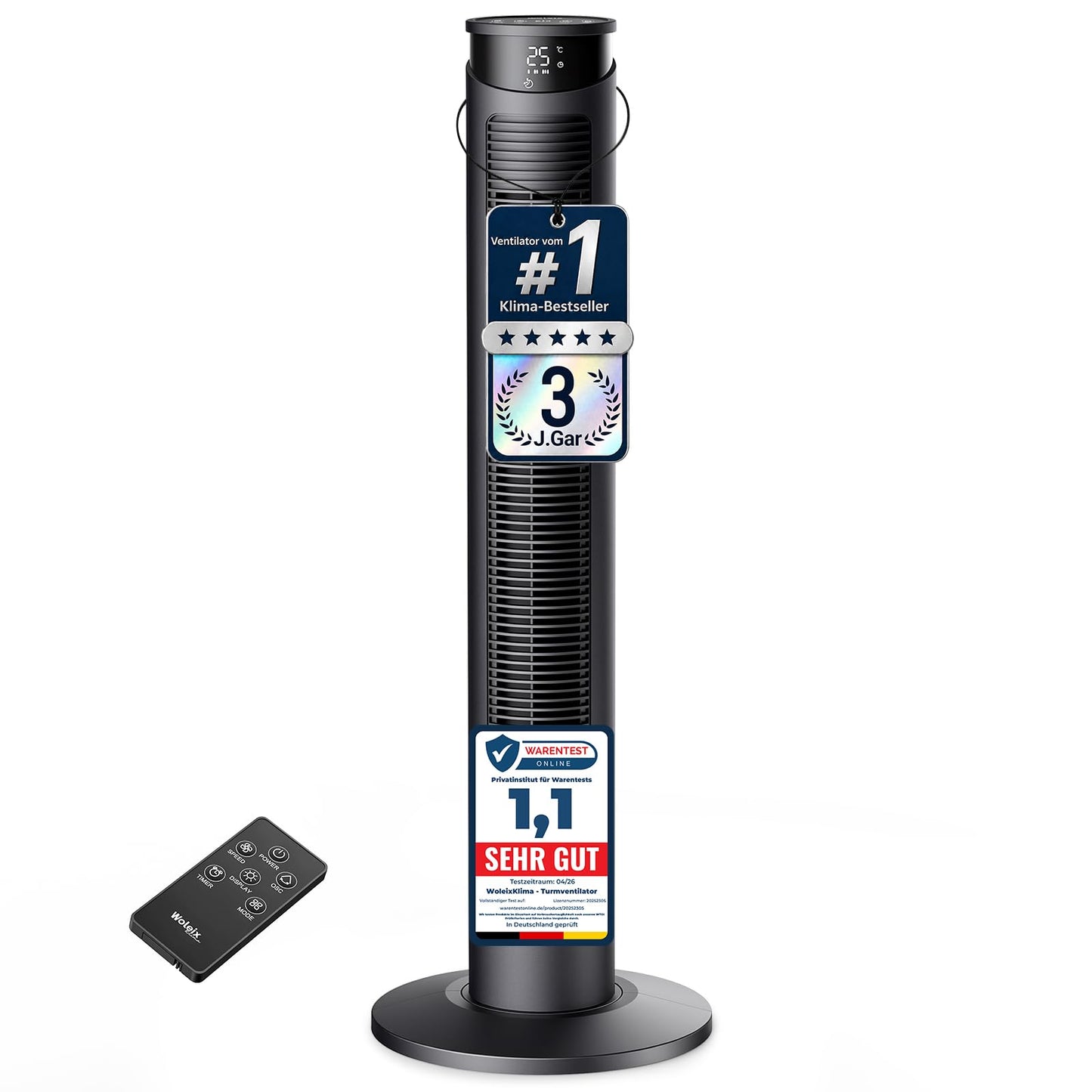 WoleixKlima Ventilator sehr leise 25dB, Turmventilator sehr leise mit Fernbedienung, Standventilator sehr leise mit Fernbedienung, 40W, 4 Modi&3 Stufen, 75°Oszillation, 12H Timer, 93CM