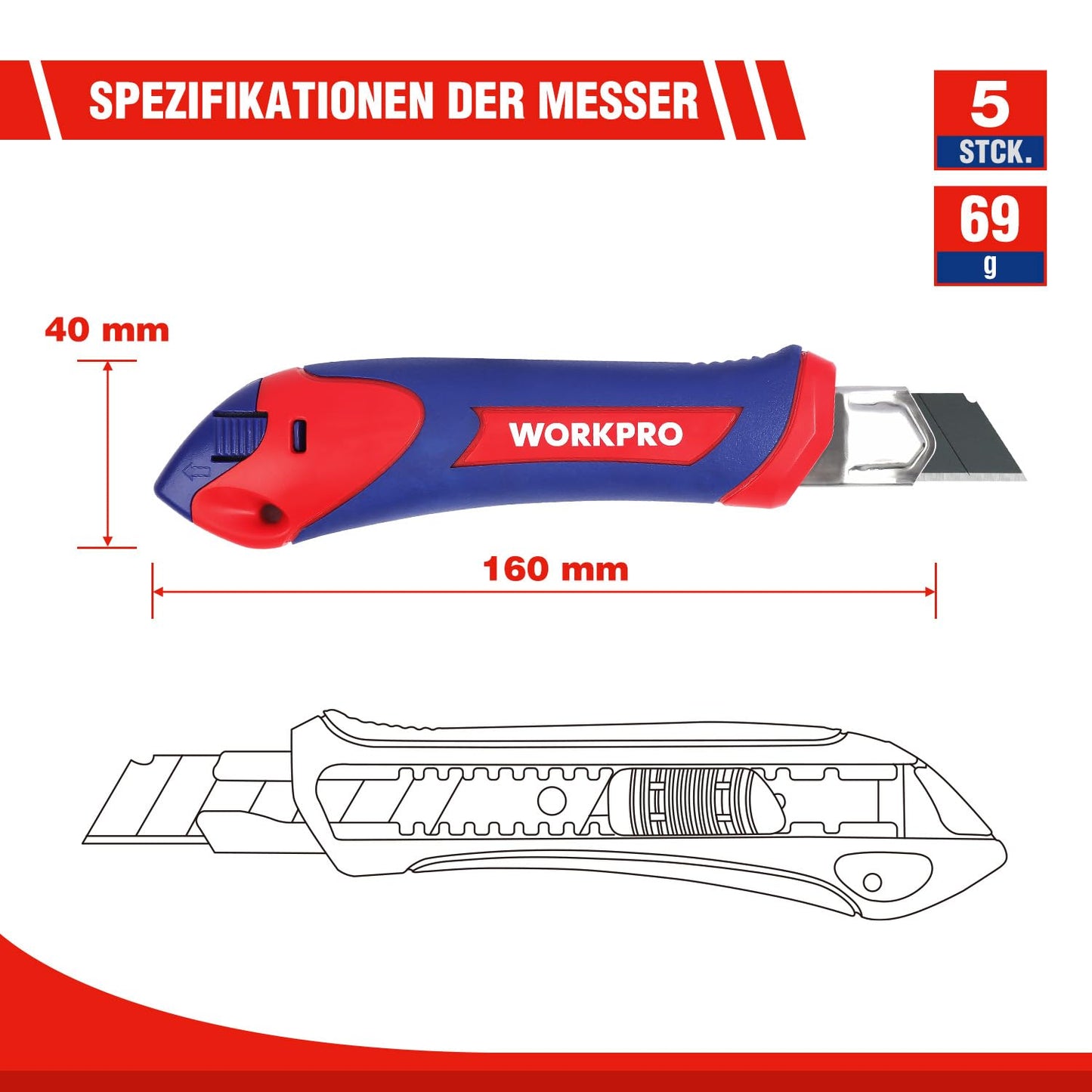 WORKPRO 5 Stück Cuttermesser Set 18mm mit 20 Ersatzklingen aus SK5, Profi Cuttermesser Abbrechklinge Kartonmesser, Mehrzweck Messer Allzweckmesser mit Gummigriff, Schneiden zum Papier, Karton