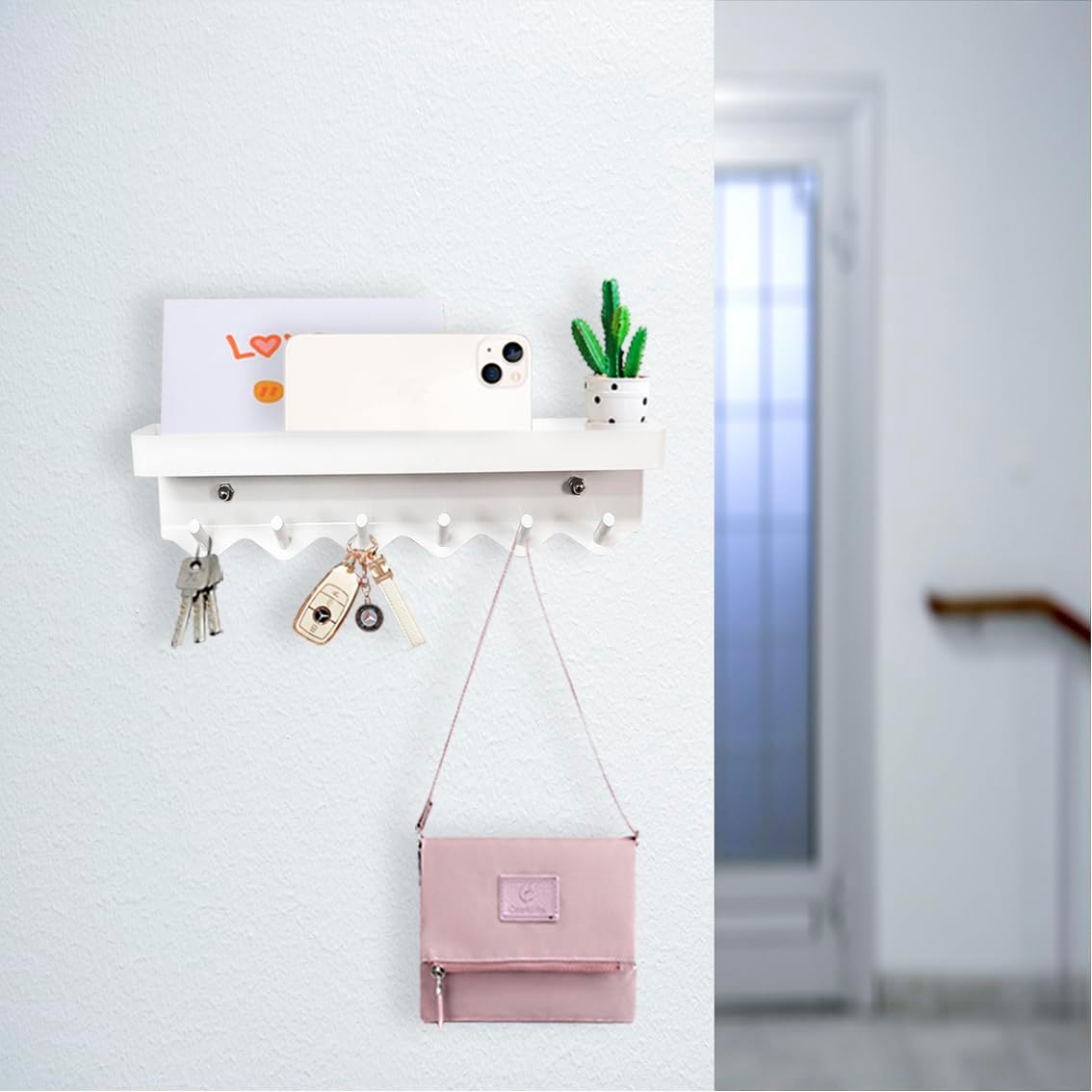 Echehi Schlüsselhalter mit 6 Haken platzsparend und ohne Bohren Weiß-Echehi