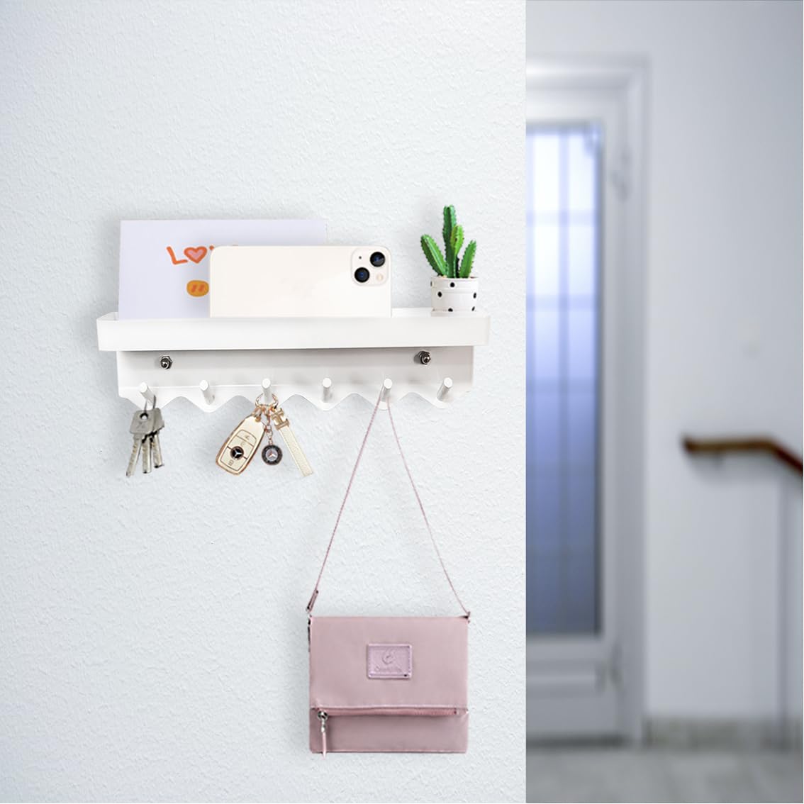 Echehi Schlüsselhalter mit 6 Haken platzsparend und ohne Bohren Weiß-Echehi