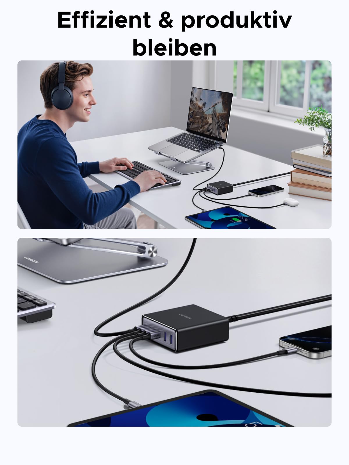 UGREEN 100W USB C Ladegerät 6-Port Ladestation 65W GaN Netzteil PPS Schnellladegerät Mehrfach kompatibel mit MacBook Pro/Air, iPhone 17-8 Serien, Galaxy S25, S24, A15, Pixel 9, iPads