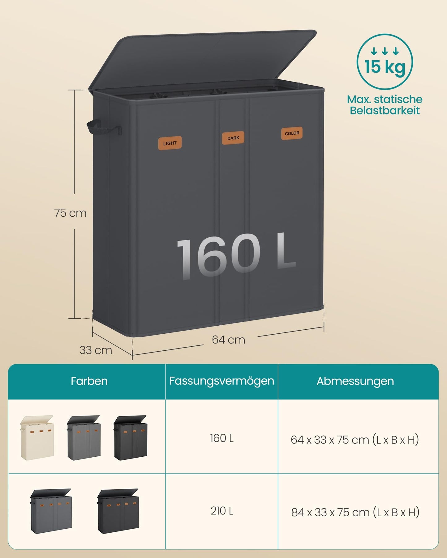 SONGMICS Wäschekorb mit 3 Fächern, 160 L, mit Deckel, 5 Etiketten, herausnehmbarer und waschbarer Innensack, Waschküche Schlafzimmer, dunkelgrau RLH013G01