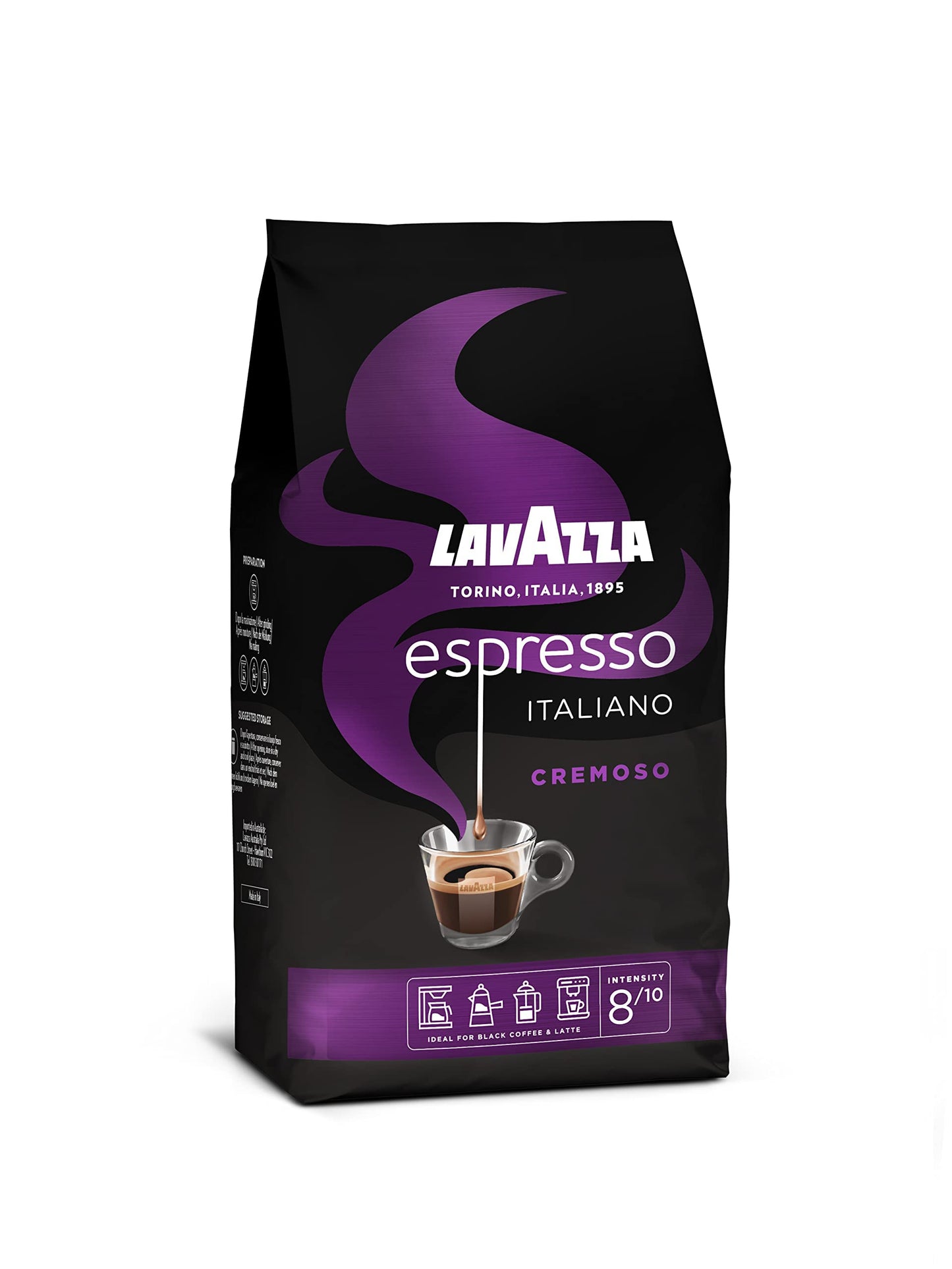 Lavazza, Espresso Italiano Cremoso, Arabica und Robusta Kaffeebohnen, mit Aromanoten von Gewürzen und Kakao, Intensität 8/10, Mittlere Röstung, 1 Packung mit 1 Kg (Packung mit 3)