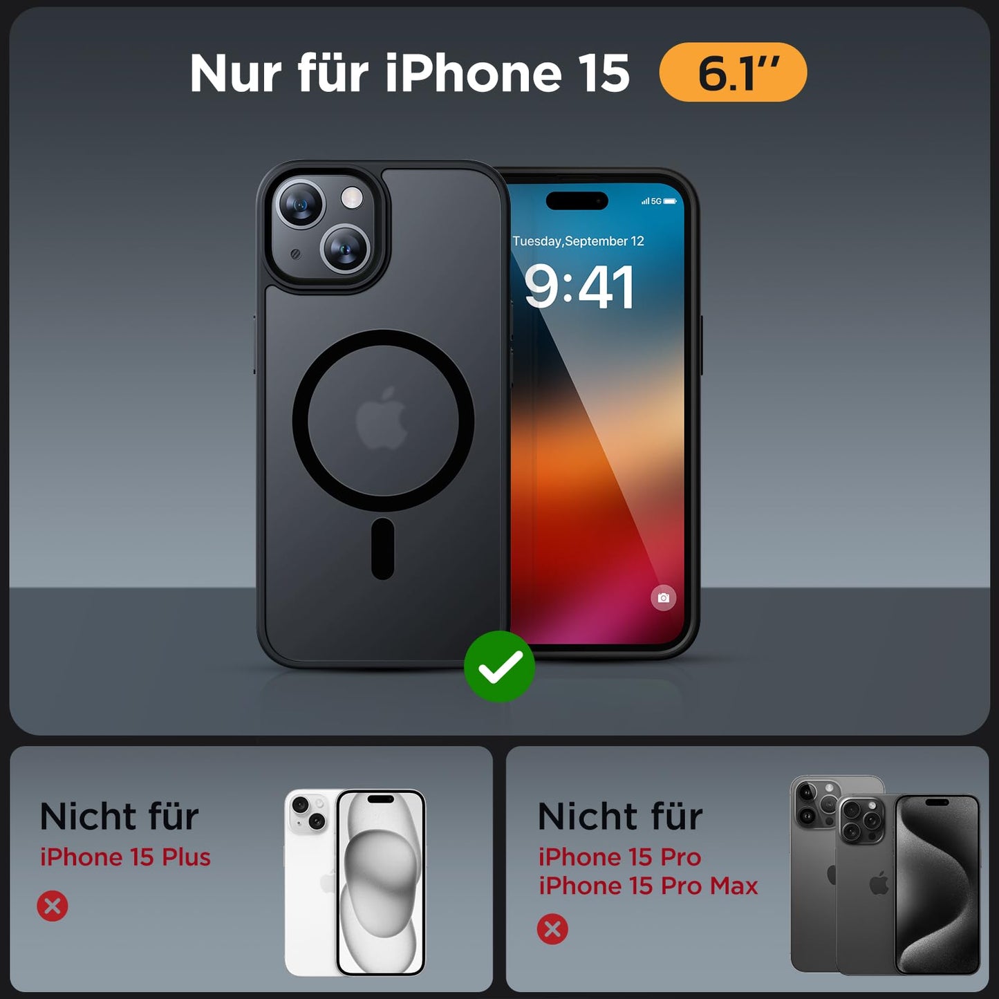 Miracase Magnetisch für iPhone 15 Hülle Kompatibel Mit MagSafe[mit 2 Schutzglas] Militärnorm Schutz Anti-Fingerabdruck Schlanke Ausführung Handyhülle für iPhone 15 6,1 Zoll, Schwarz