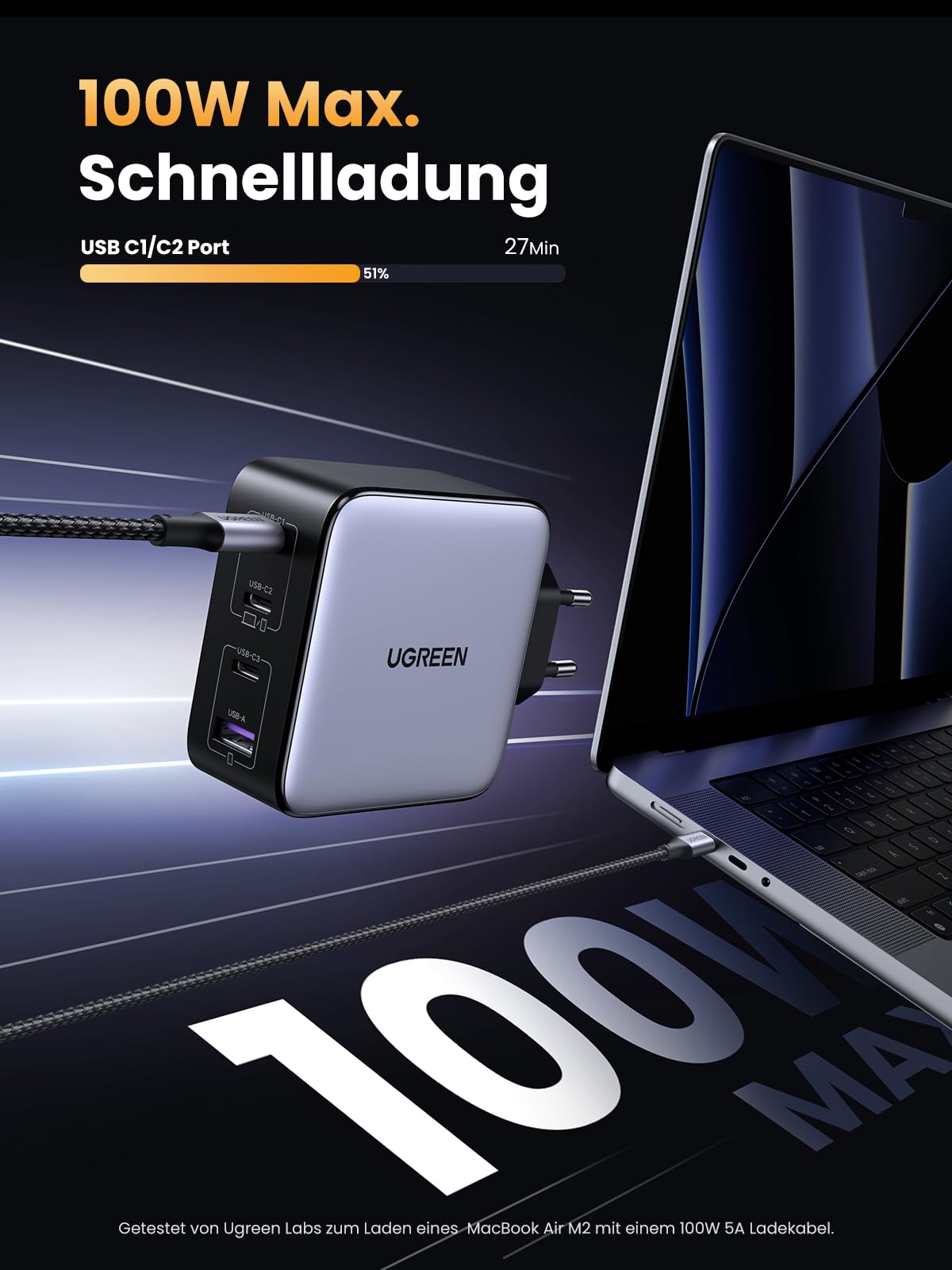 UGREEN Nexode 100W USB C Ladegerät 4 Ports Netzteil GaN Charger PD Schnellladegerät kompatibel mit MacBook Pro, iPhone 17-8 Serien, iPad Serien, Galaxy S25 Ultra, S24+ usw