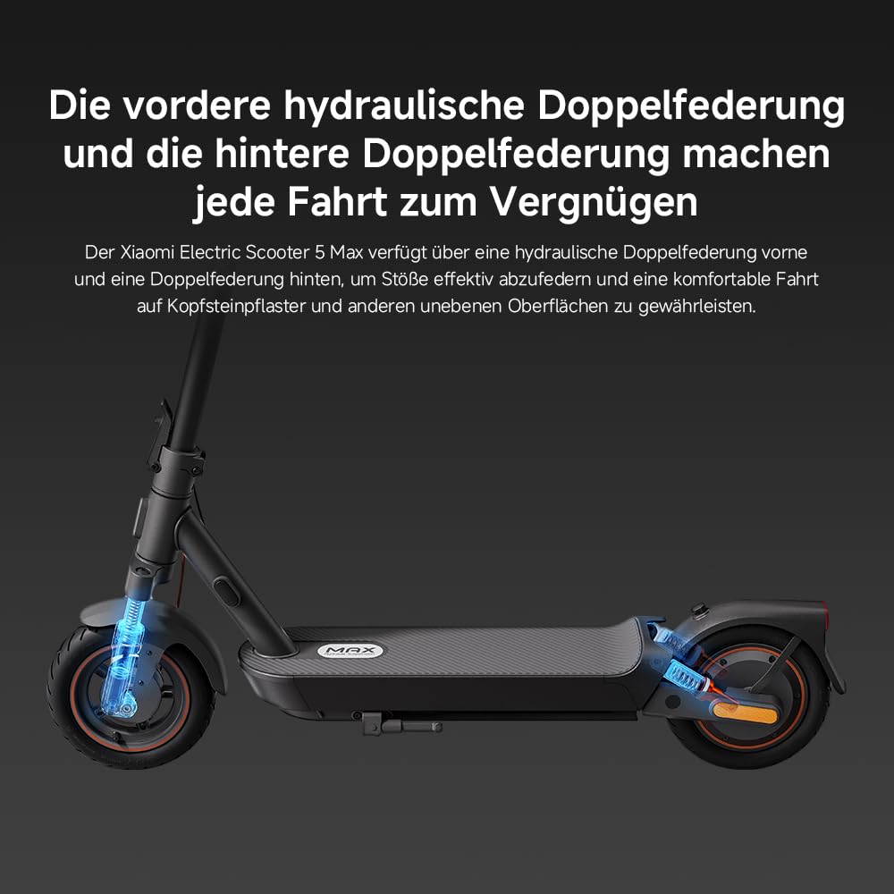 Xiaomi 5 Max E-Scooter mit Straßenzulassung (max. 20km/h, bis zu 60km Reichweite & 22% Steigung, Federung vorne & hinten, 10" Luftreifen, Blinker, Dual-Bremssystem, Traktionskontroll-System, App)