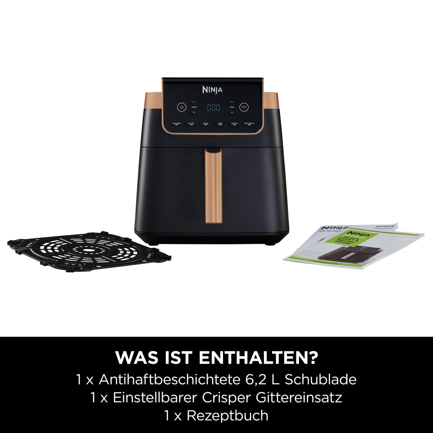 Ninja Heißluftfritteuse MAX PRO, 6,2 L, ölfrei, große Schublade, Rösten, Backen, Air Fry, Antihaftbeschichtet, Spülmaschinenfester Korb & Crisper Gittereinsatz, Silikonzange, Schwarz/Kupfer, AF180EUCP