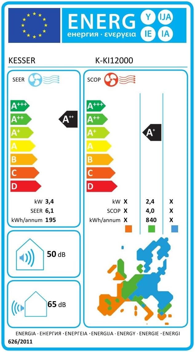 KESSER® Klimaanlage Set Split, WiFi/App Funktion Klimagerät, Kühlen A++/Heizen A+, 12000 BTU/h (3.400W) sehr leise, Kältemittel R32, Fernbedienung, Timerfunktion, Montagematerial, Weiß