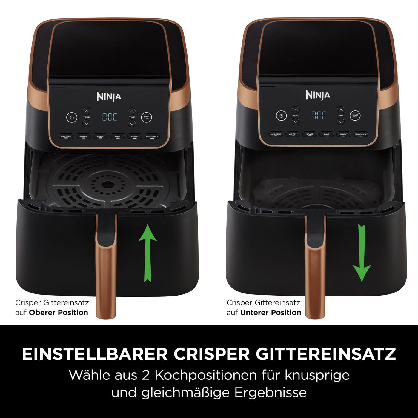 Ninja Heißluftfritteuse MAX PRO, 6,2 L, ölfrei, große Schublade, Rösten, Backen, Air Fry, Antihaftbeschichtet, Spülmaschinenfester Korb & Crisper Gittereinsatz, Silikonzange, Schwarz/Kupfer, AF180EUCP