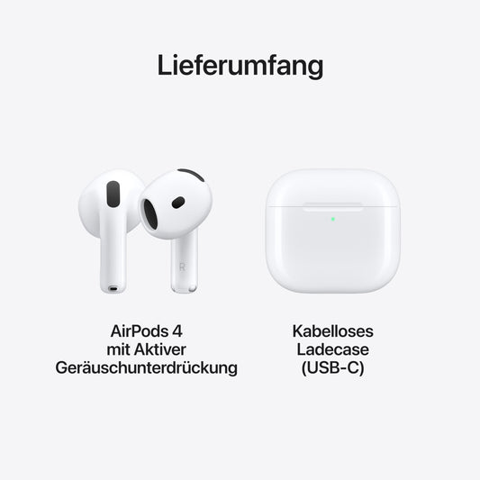 Apple AirPods 4 Kabellose Kopfhörer, Bluetooth Kopfhörer mit aktiver Geräuschunterdrückung, Adaptives Audio, Personalisiertes 3D Audio, Transparenzmodus, USB-C Ladecase, Kabelloses Laden