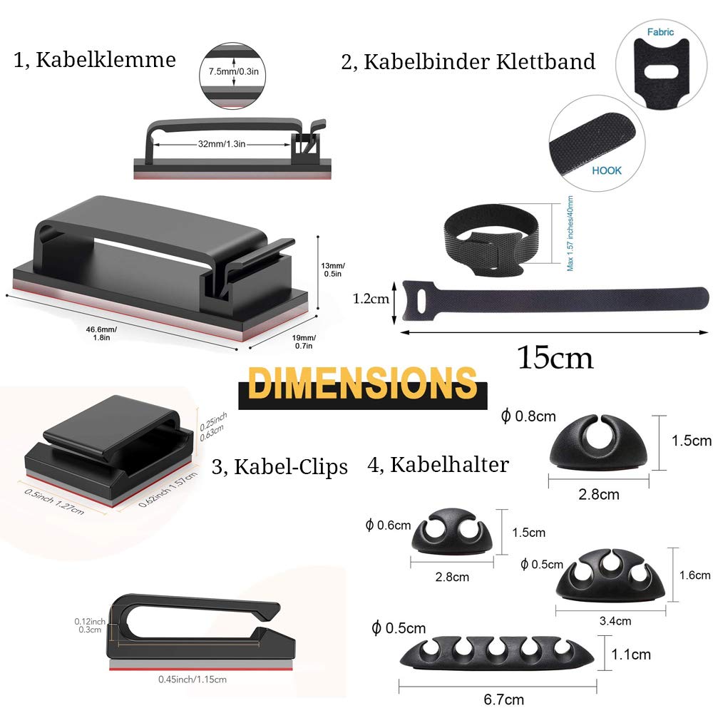 Kabelmanagement Set 100 Teile mit Klettband Klemmclips und Halter Schwarz-MiuCo