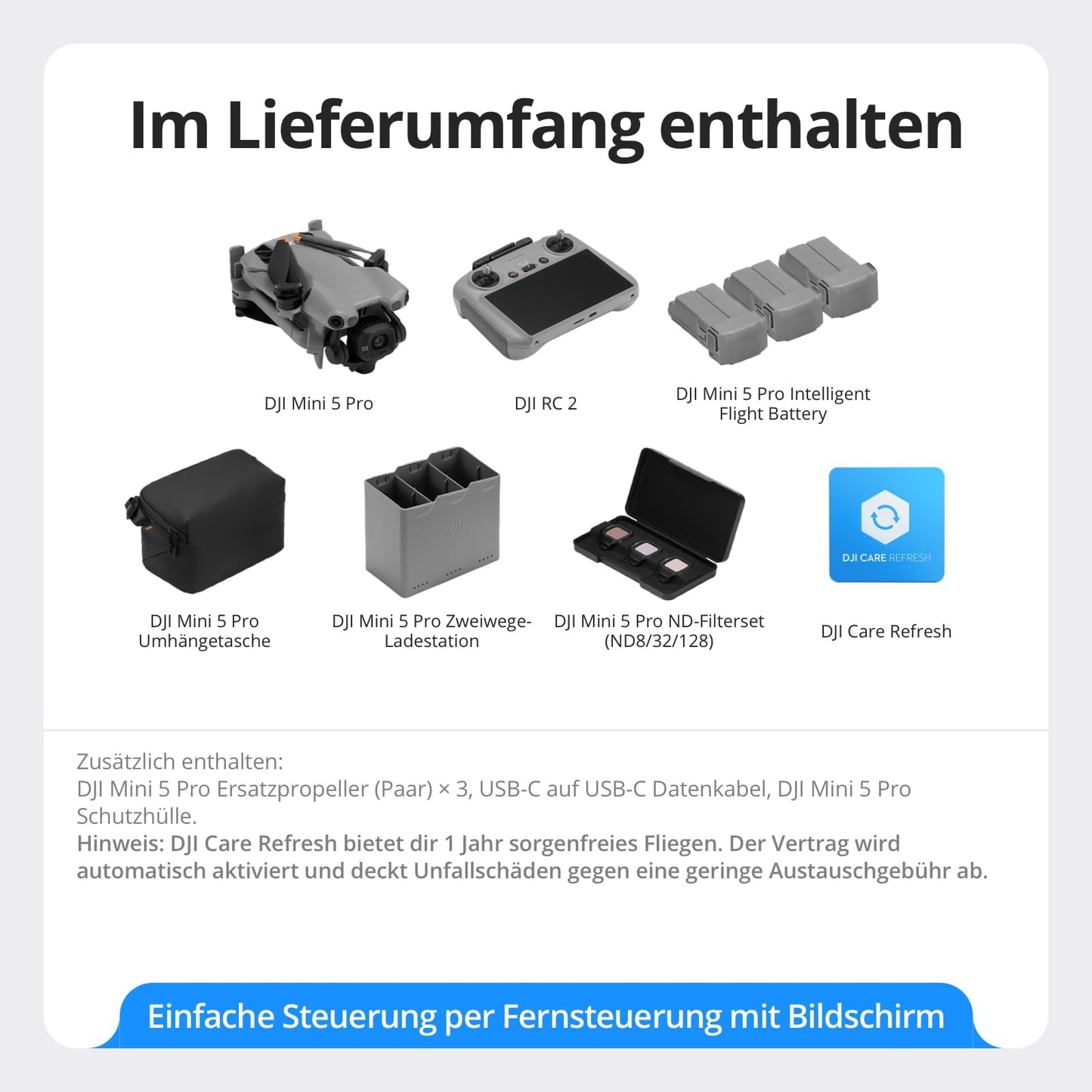 DJI Mini 5 Pro Fly More Combo mit DJI RC 2 und 1 Jahr Care (Automatisch Aktiviert), C0-Zertifiziert, 4K-Drohne für Anfänger, Drohne mit Kamera, 1-Zoll CMOS, Hinderniserkennung, 225°-Gimbal-Rotation