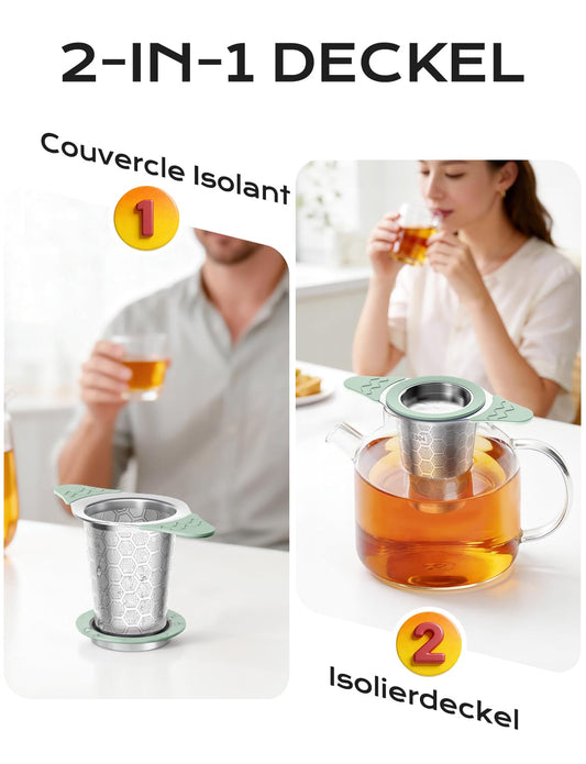Yomanta Teesieb für Losen Tee 2 Stück - Teesieb Edelstahl 304 mit Silikon Griff & Deckel, 0.4mm Feinmaschig, Teefilter für Tasse und Teekanne - grün