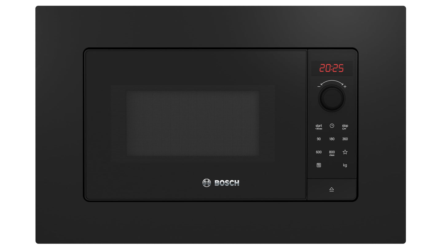 Bosch BFL623MB4 Serie 2 Einbau-Mikrowelle, 38 x 60 cm, 20 L, 800W, AutoPilot 7 Programme, QuickStart, LED-Display, hydrolytische Reinigung, Schwarzglas