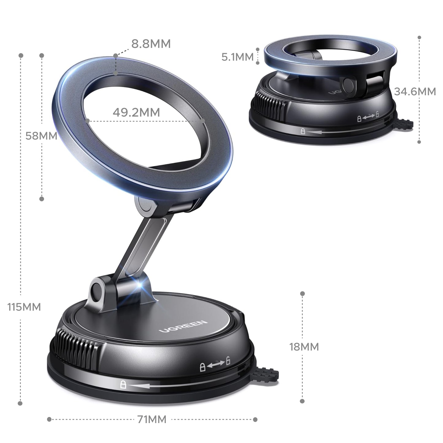 UGREEN Handyhalterung Auto für Magsafe Autohalterung mit N55 Starker Magnet, Handy Halterung Auto mit Vakuum Saugnapf & Nano-Gel-Pad Kompatibel mit iPhone 17 16 15 14 13 12 Pro Max
