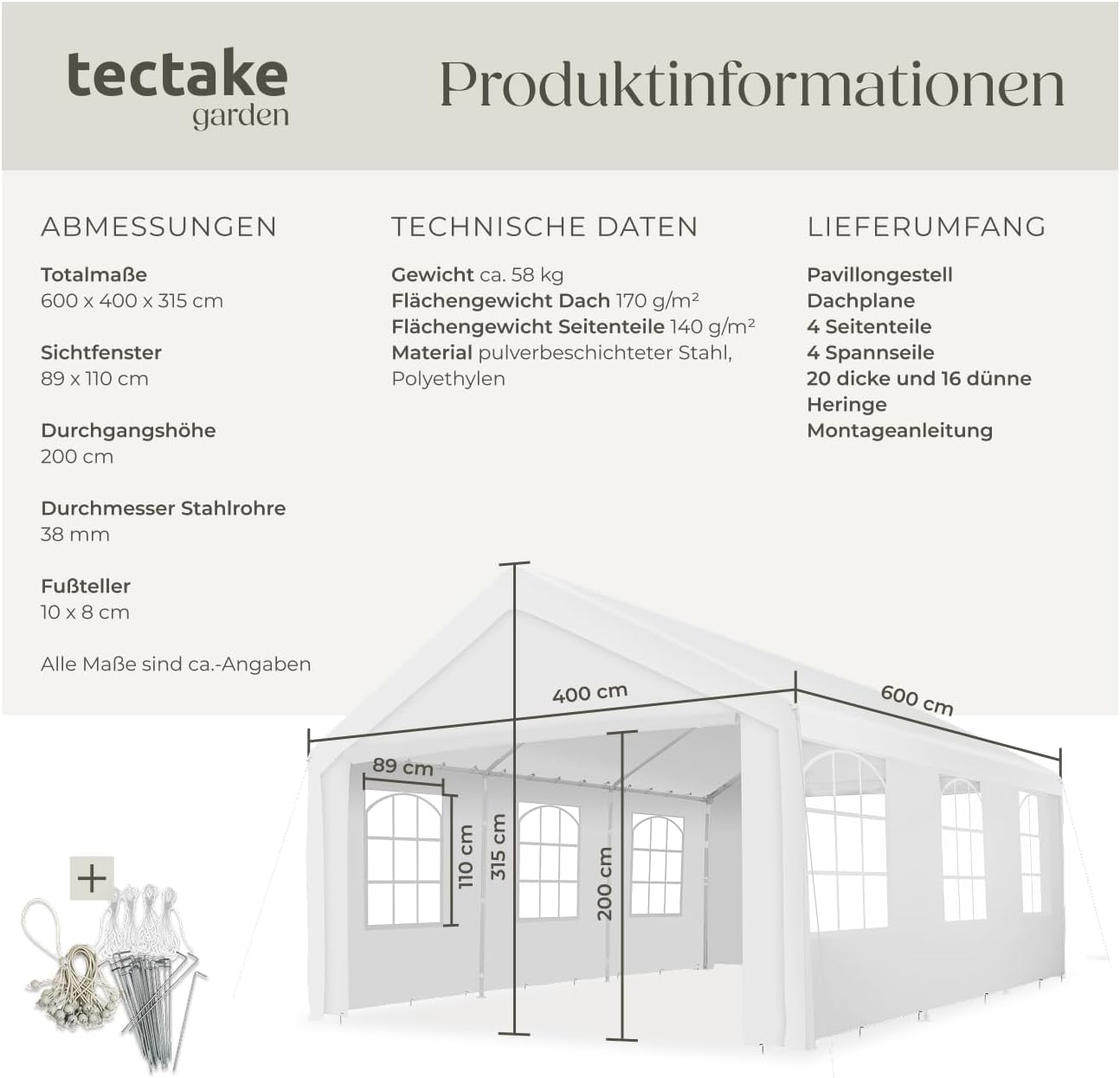 tectake® Pavillon, Partyzelt 4x6 m, 100% wasserdicht, Gartenpavillon mit 4 Seitenwänden, Festzelt mit UV-Schutz, Eventzelt, inkl. Erdnägel und Spannseile, für Festival, Hochzeit, Party - weiß