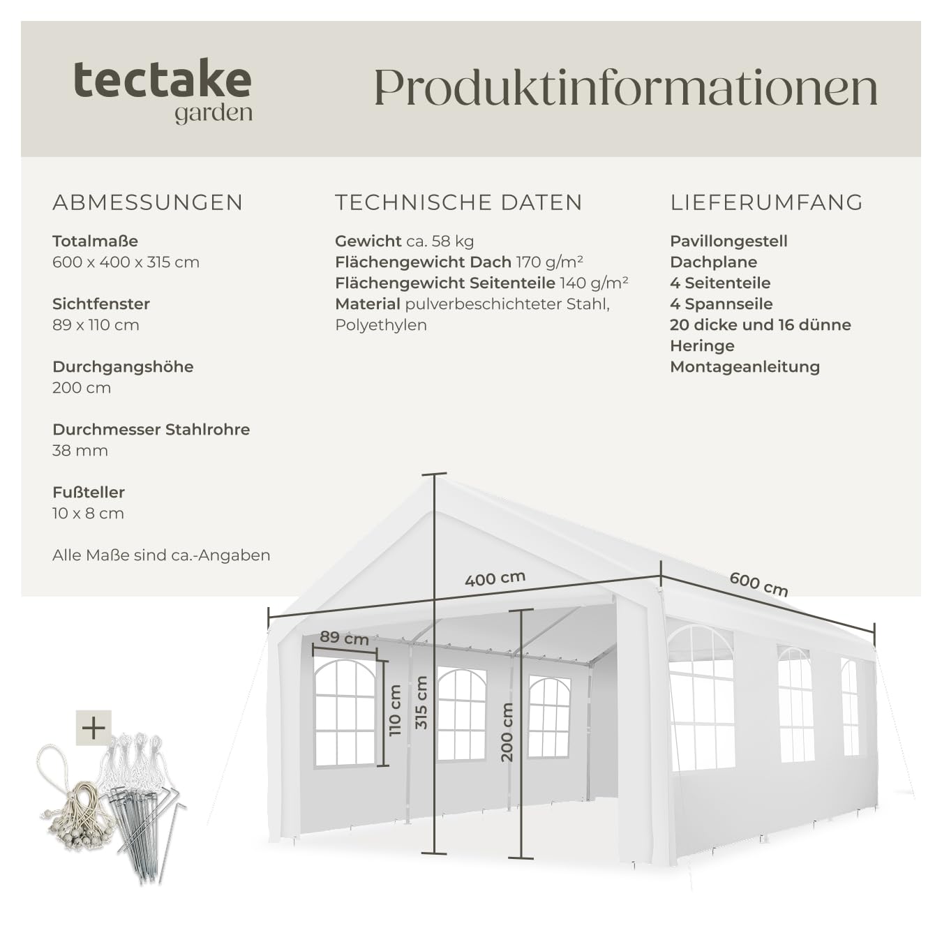 tectake® Pavillon, Partyzelt 4x6 m, 100% wasserdicht, Gartenpavillon mit 4 Seitenwänden, Festzelt mit UV-Schutz, Eventzelt, inkl. Erdnägel und Spannseile, für Festival, Hochzeit, Party - weiß