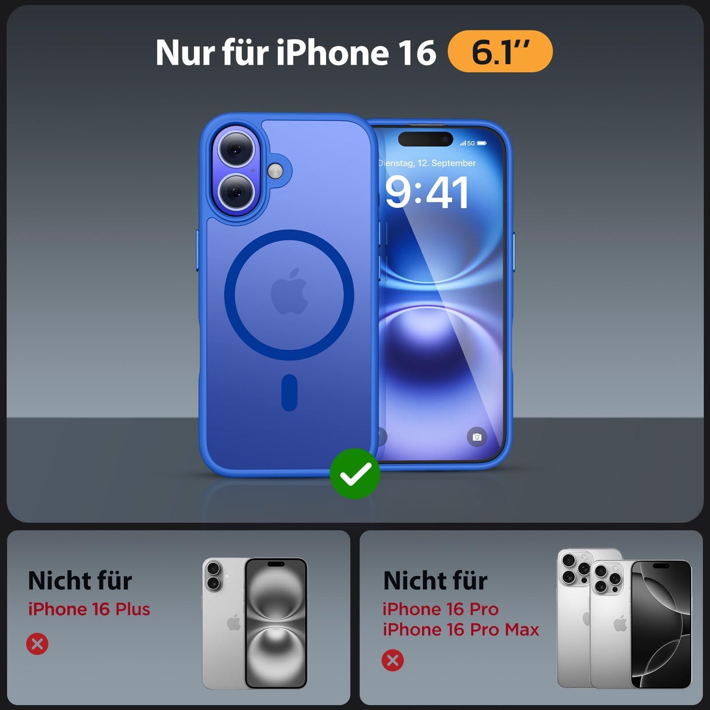 Miracase Magnetisch für iPhone 16 Hülle für Magsafe[mit 2 Schutzglas] Militärschutz Stoßfest Kratzfest Anti-Fingerabdruck Samtige Haptik Dünn Handyhülle für iPhone 16 6,1 Zoll,Leuchtendes Blau