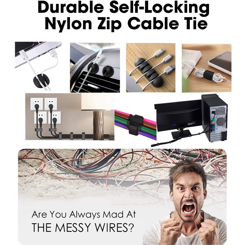 Kabelmanagement Set 100 Teile mit Klettband Klemmclips und Halter Schwarz-MiuCo