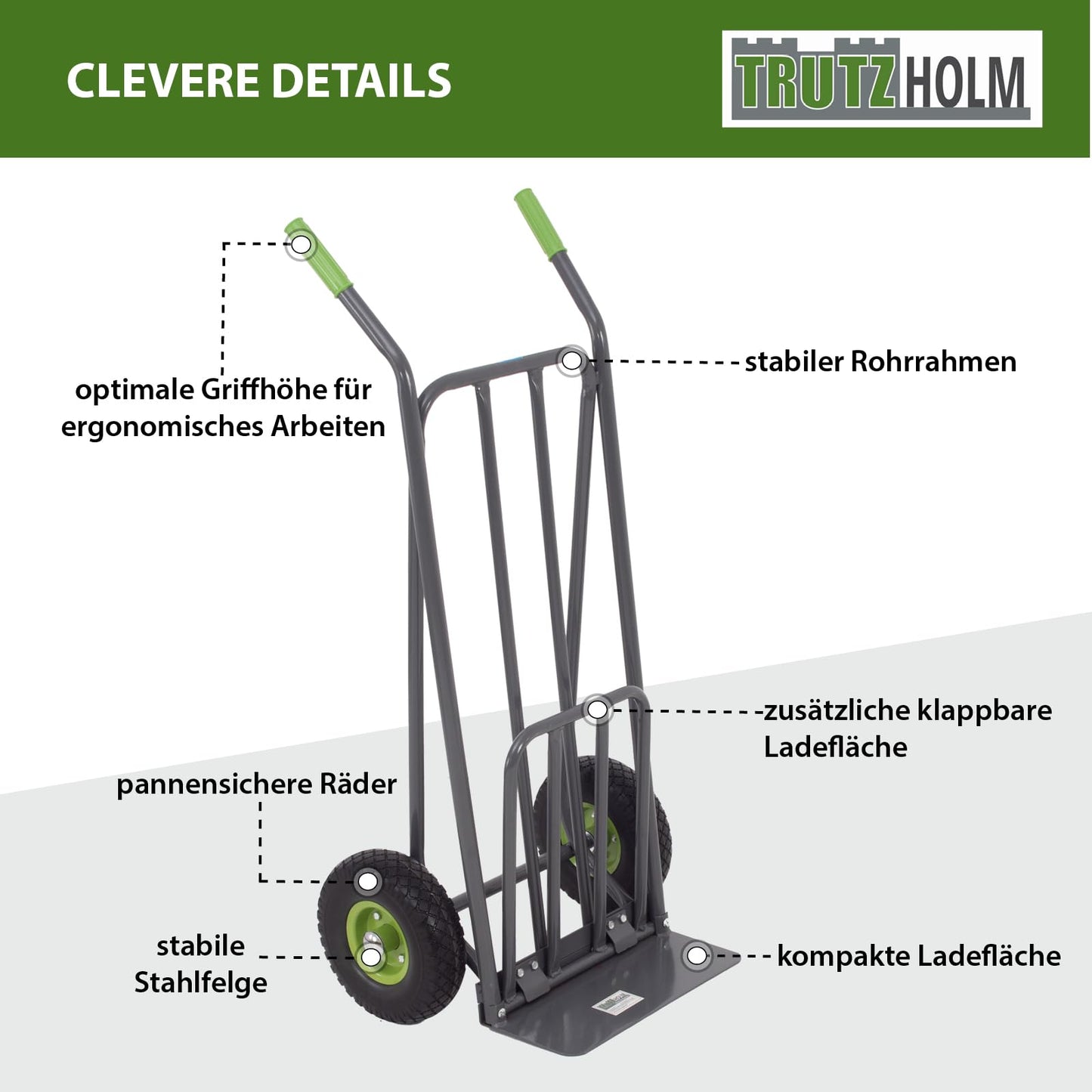 TRUTZHOLM Paketkarre mit extra Ladefläche 42 cm Traglast 250 kg Stahlrahmen klappbar Sackkarre Stapelkarre